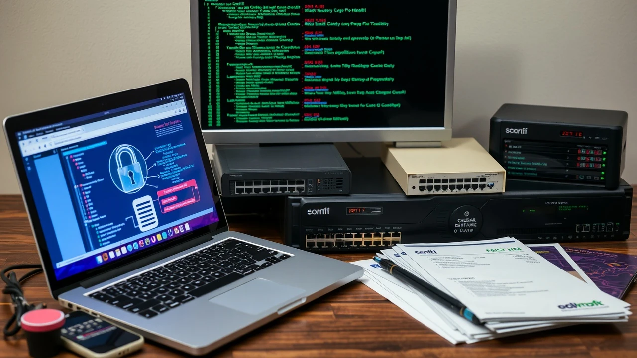 kit de cybersécurité avec ordinateur et manuels techniques
