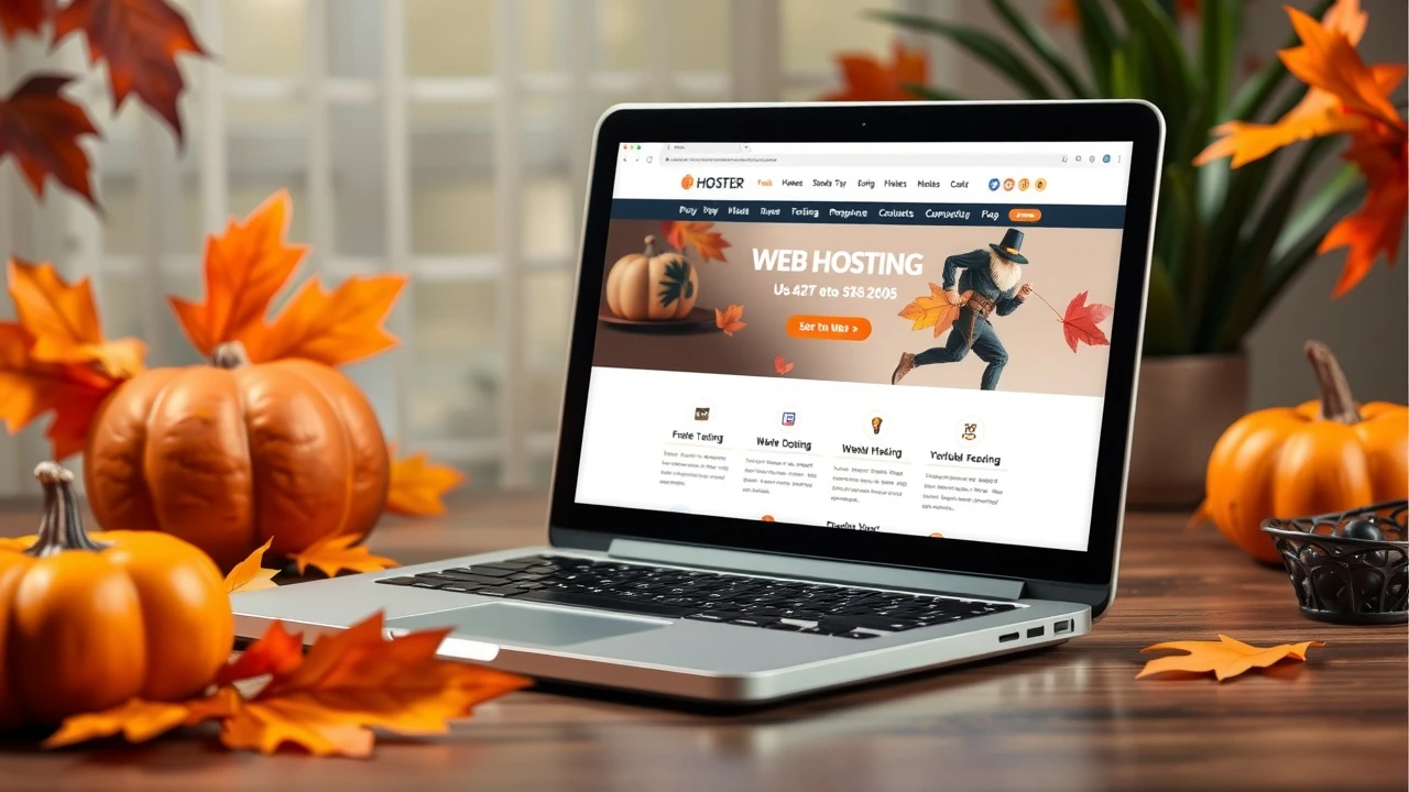 ordinateur avec une promotion d'hébergement web pour Thanksgiving