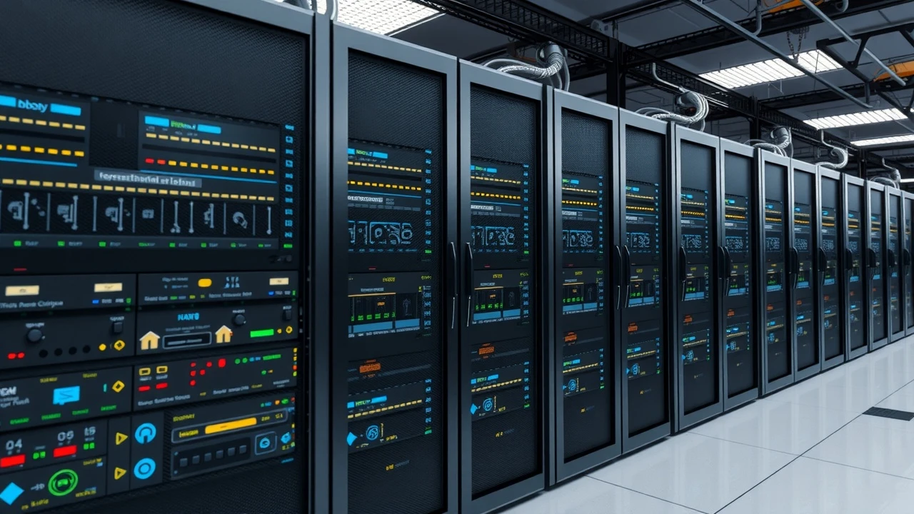 salle de serveurs avec plusieurs racks d'hébergement