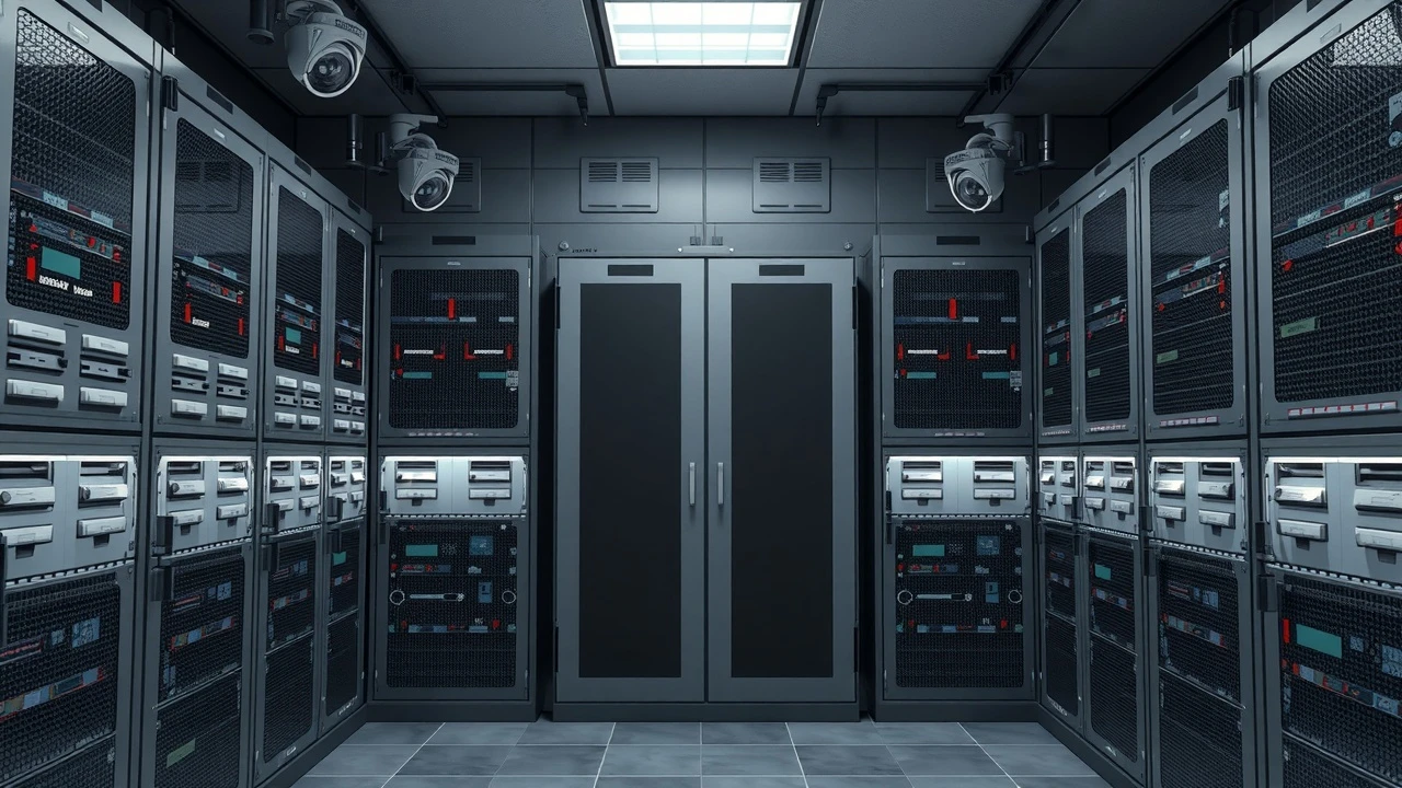 salle de serveur sécurisée avec caméras et armoires verrouillées
