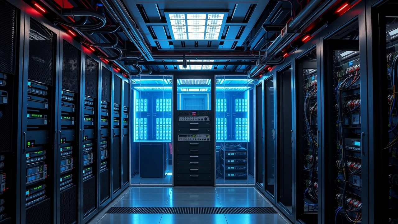 salle de serveurs avec racks et équipements réseau