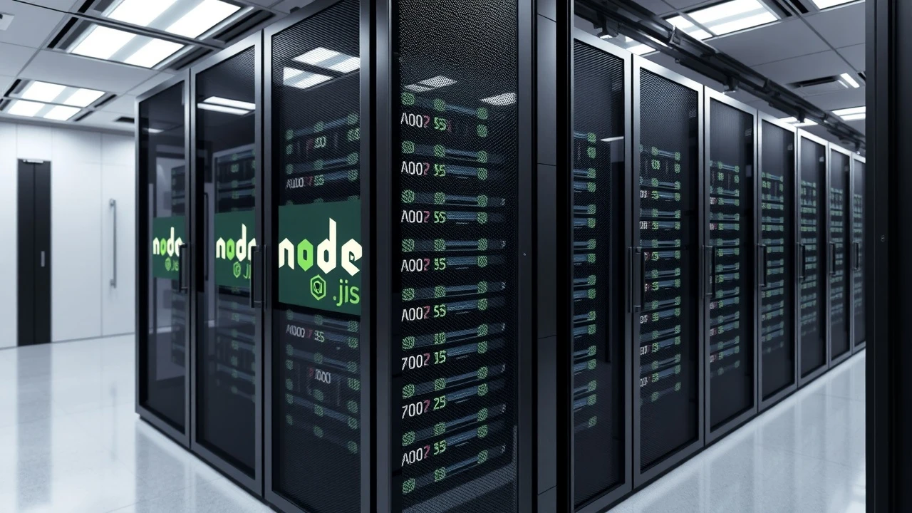 salle de serveurs modernes avec logos Node.js sur racks