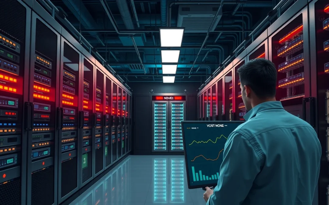 Une illustration d'une salle de serveurs moderne dédiée à l'hébergement d'applications Node.js.
