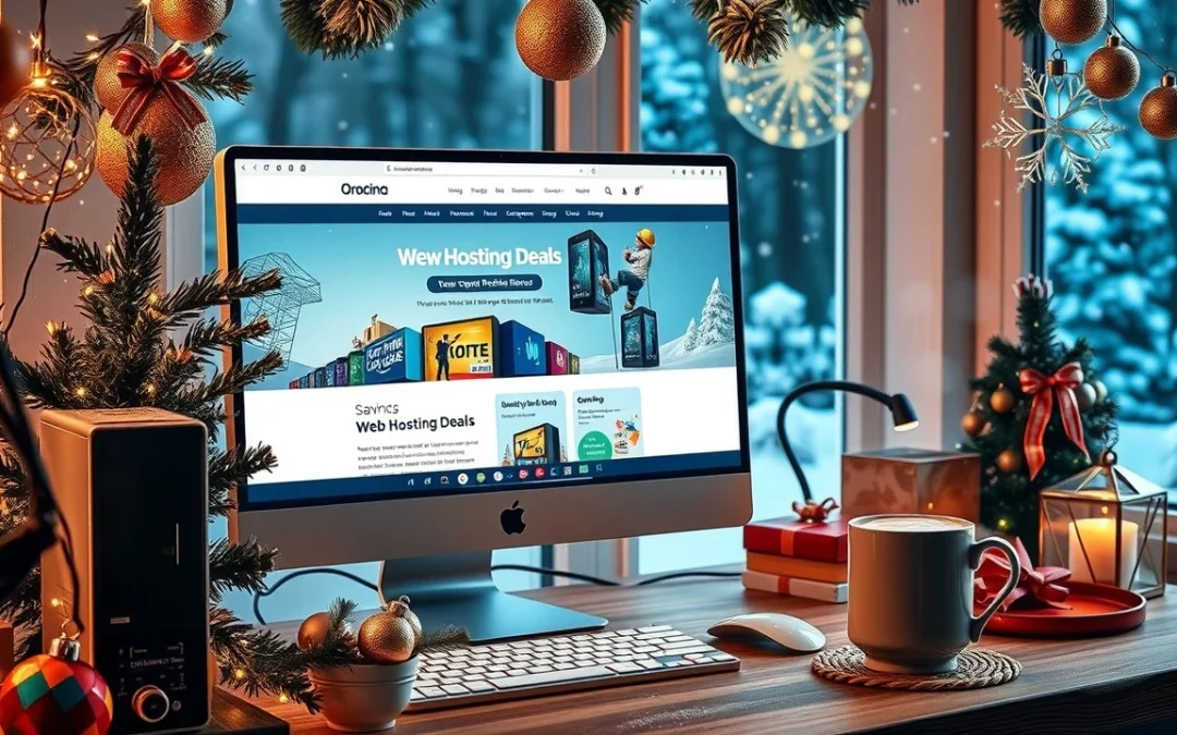 Scène hivernale festive avec un poste de travail et des décorations de Noël, illustrant des offres d'hébergement web.