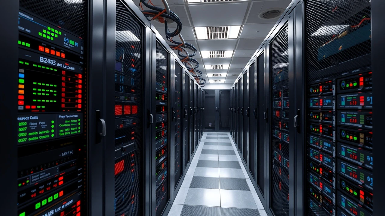 serveurs dans un centre de données avec indicateurs de performance