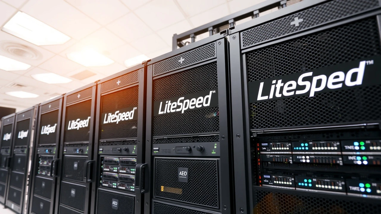 serveurs avec logos LiteSpeed dans un environnement de travail