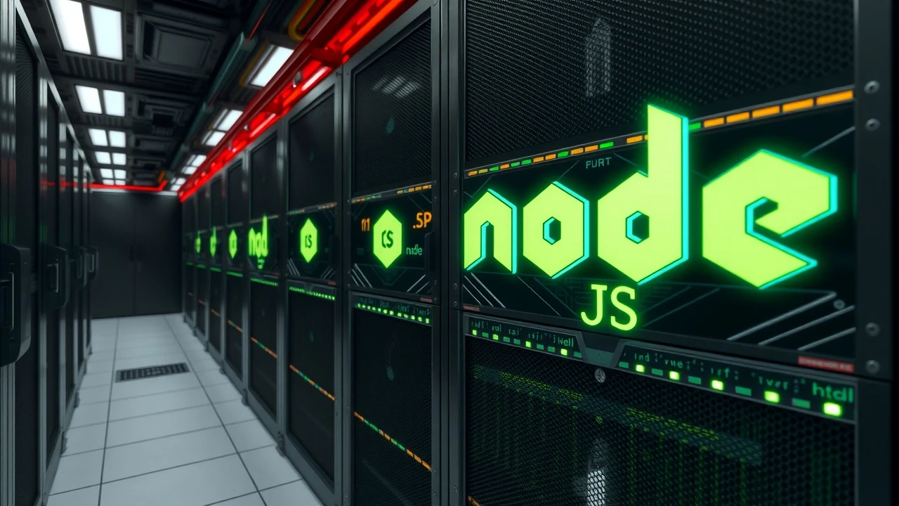 salle de serveurs avec logos Node JS sur les serveurs