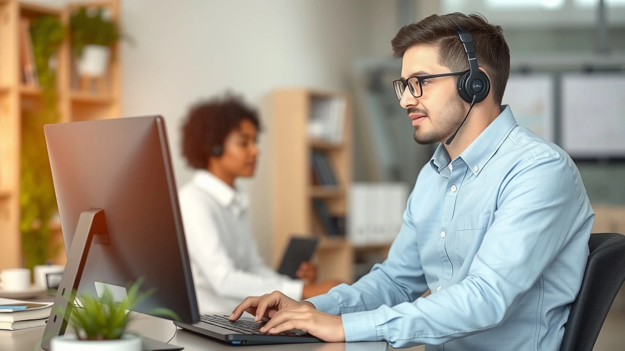 représentant du service client avec un ordinateur