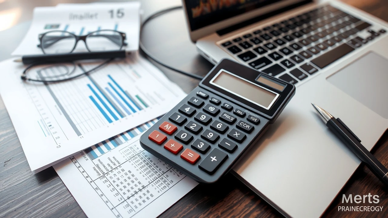 calculatrice documents financiers et ordinateur portable sur un bureau