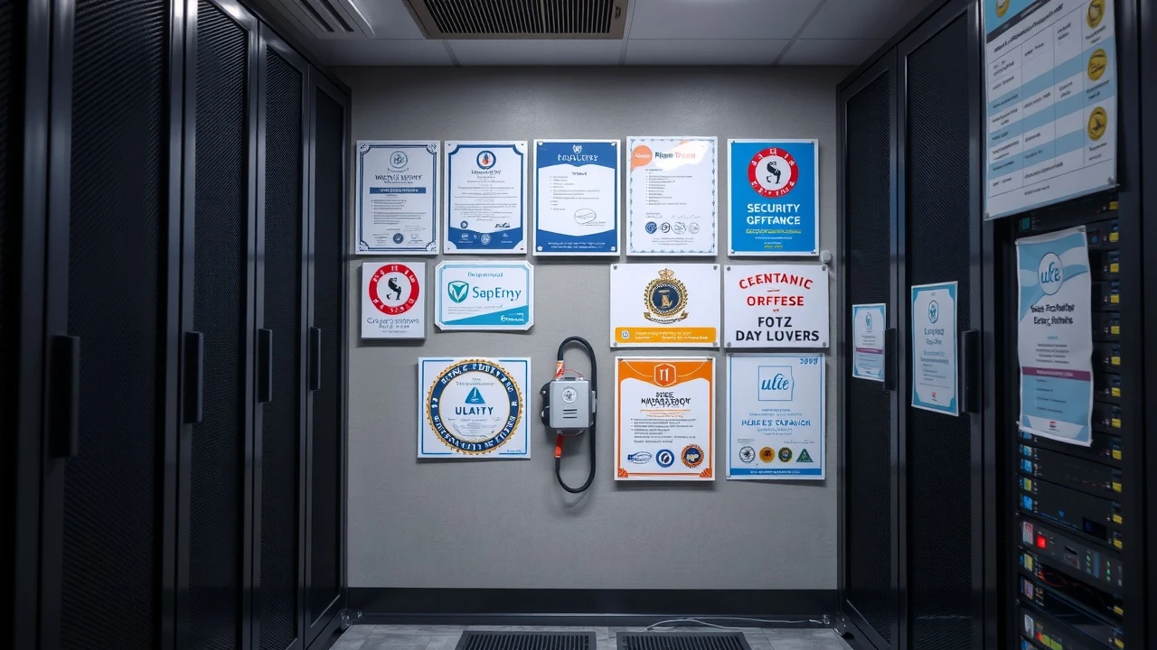 salle de serveurs avec certificats de sécurité visibles