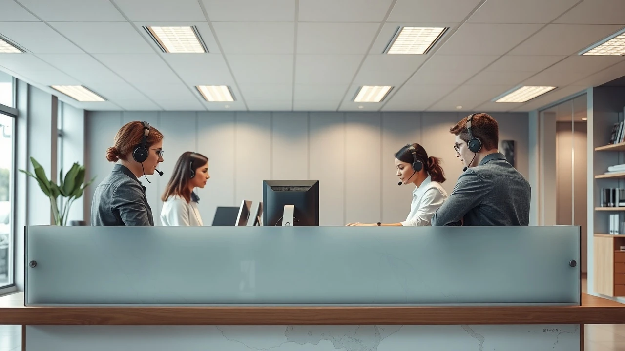 bureau de support client avec agents aidant des clients