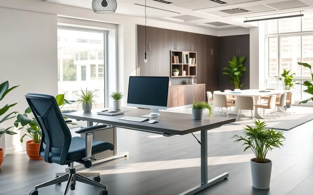 Environnement de bureau moderne et spacieux mettant en valeur un espace de travail de qualité.