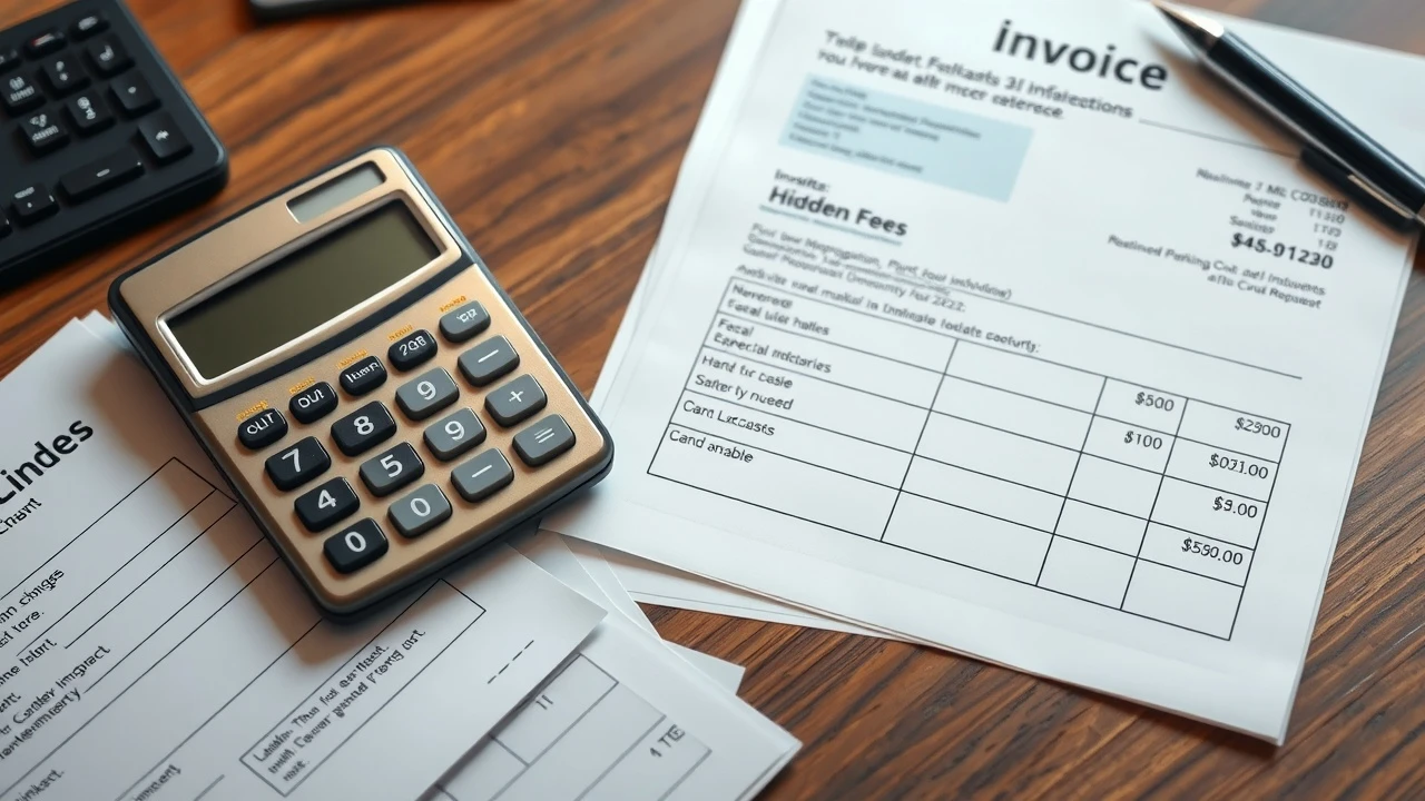 calculatrice et documents de frais cachés sur un bureau