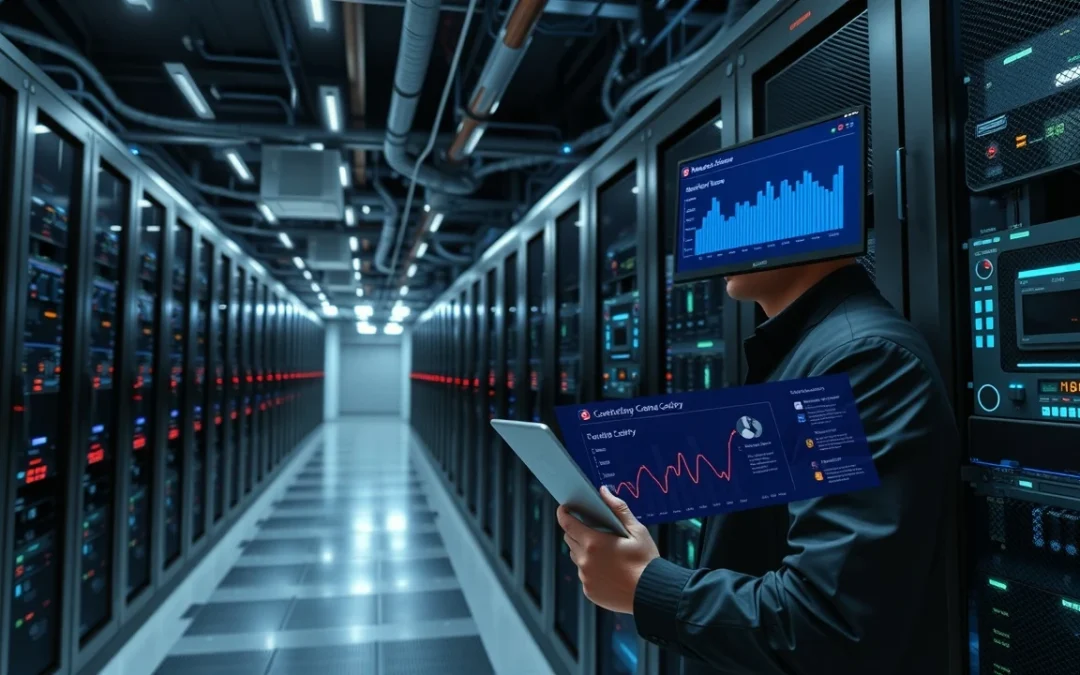 Une illustration d'un centre de données moderne d'hébergement web, mettant en avant l'importance des certifiants pour une performance sécurisée.