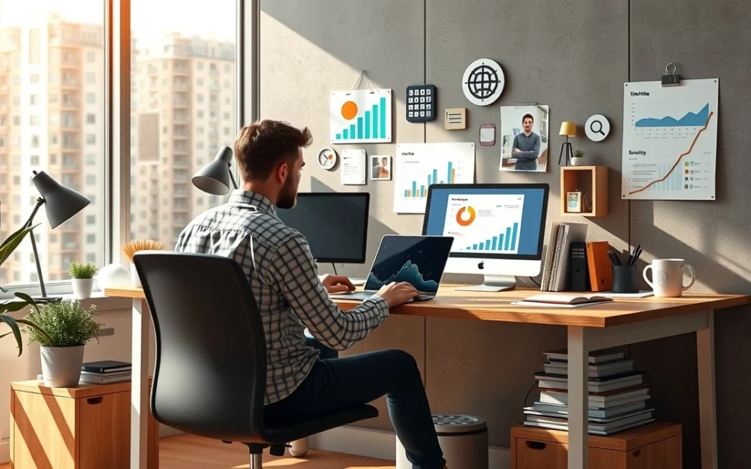Une image illustrant une personne à un bureau moderne travaillant sur un ordinateur portable avec des outils numériques autour, symbolisant la sélection d'un hébergeur pour un portfolio en ligne.
