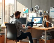 Une image illustrant une personne à un bureau moderne travaillant sur un ordinateur portable avec des outils numériques autour, symbolisant la sélection d'un hébergeur pour un portfolio en ligne.