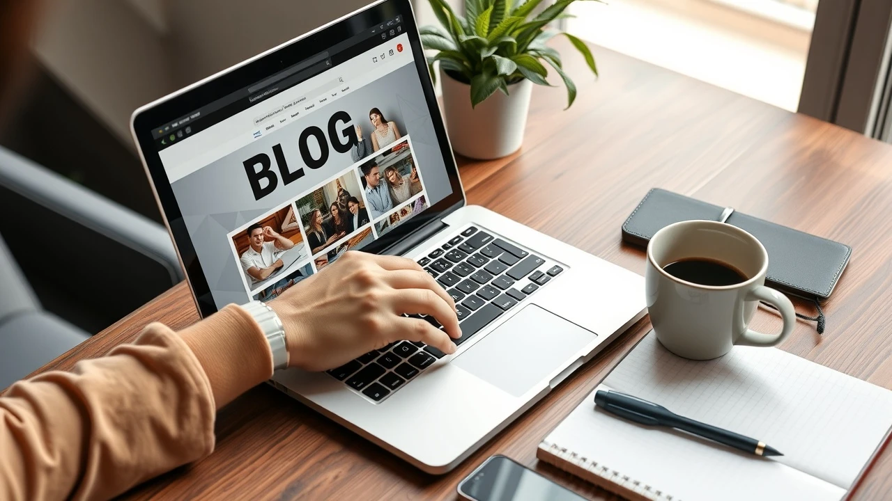 person gesticulating devant un ordinateur avec un blog