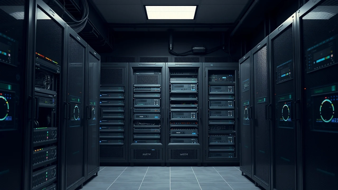 salle de serveurs avec plusieurs racks de serveurs