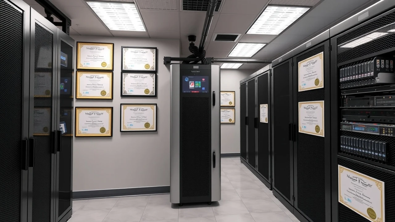 salle de serveurs d'hébergement avec certificats affichés