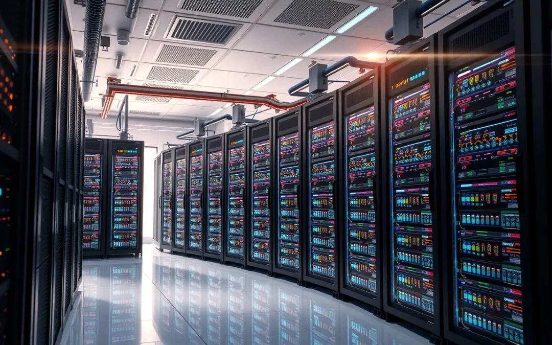 Une image montrant une salle de serveurs moderne et efficace.