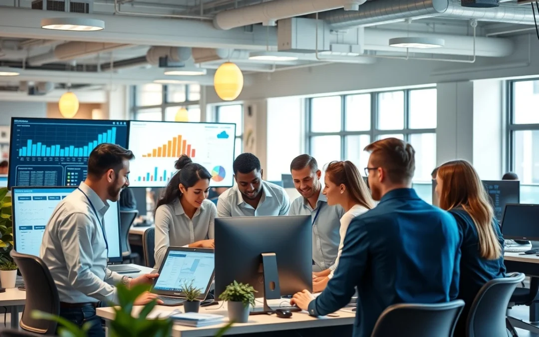 Une équipe de professionnels divers travaillant dans un environnement de bureau moderne avec des technologies avancées.