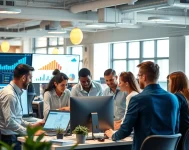 Une équipe de professionnels divers travaillant dans un environnement de bureau moderne avec des technologies avancées.