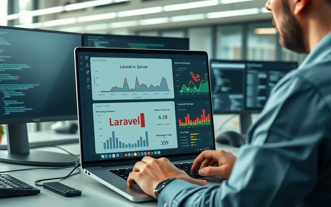 Un développeur web analysant des performances d'hébergement Laravel sur un ordinateur