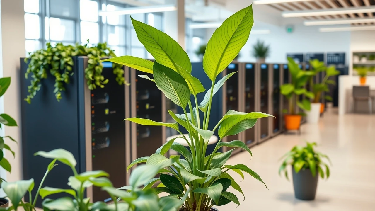 bureau moderne avec serveurs ecoresponsables et plantes
