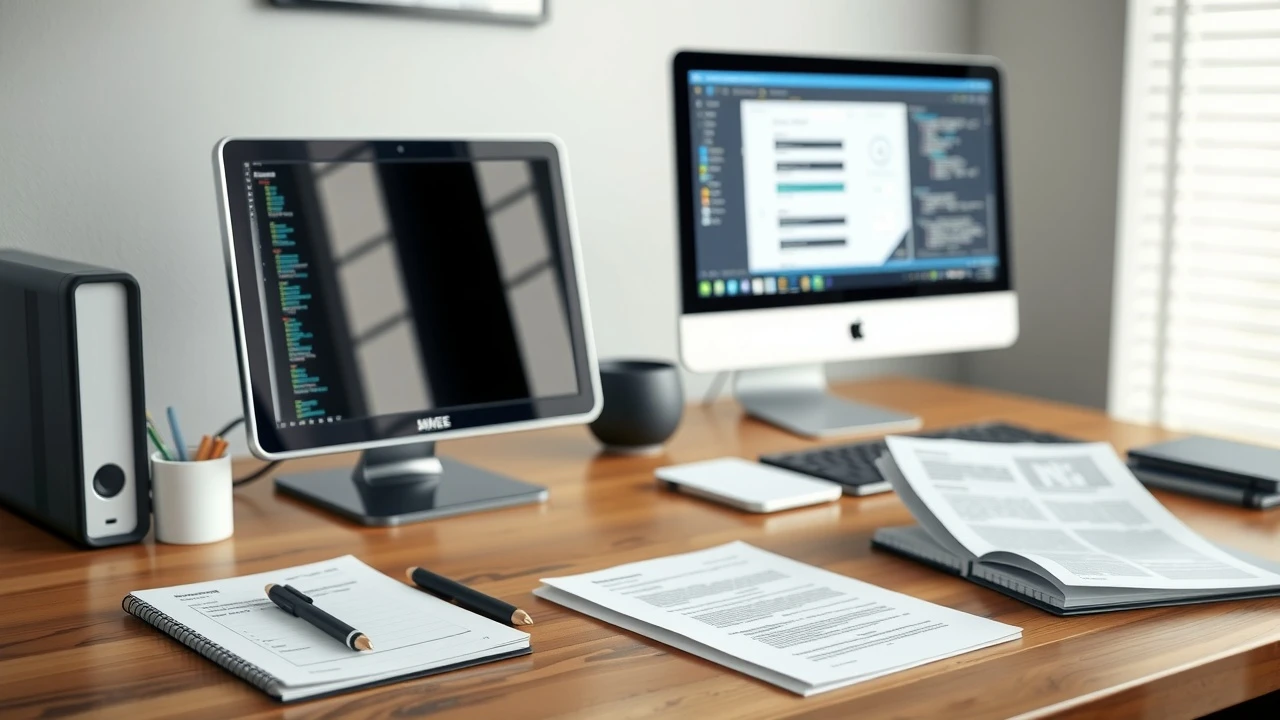 bureau avec ordinateur et documents d'evaluation