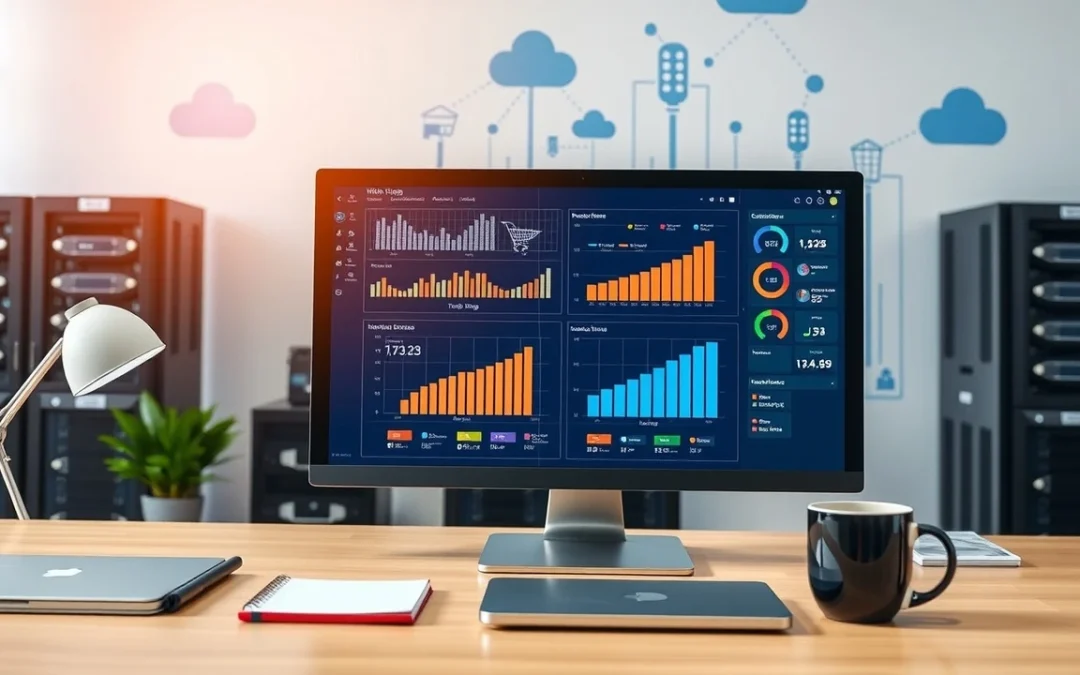 Une image d'un bureau moderne d'e-commerce avec des éléments symbolisant l'hébergement web.