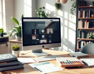 Une image d'un bureau moderne avec un ordinateur affichant un site web bien conçu et des outils de personnalisation.