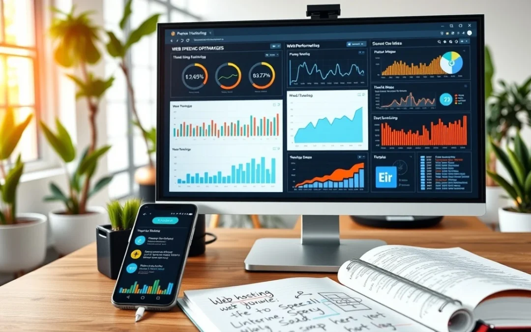 Un bureau moderne avec un ordinateur affichant des graphiques de performance des sites web.