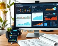 Un bureau moderne avec un ordinateur affichant des graphiques de performance des sites web.