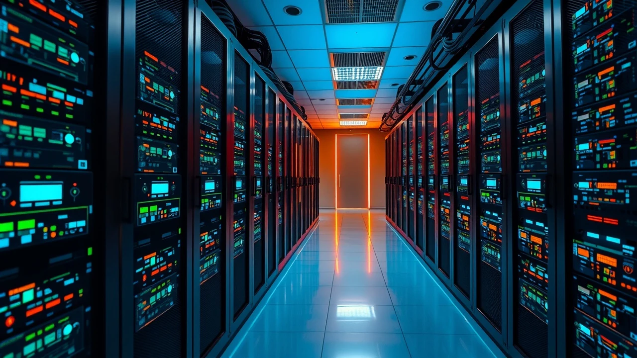 centre de données avec serveurs et interfaces d'intelligence artificielle