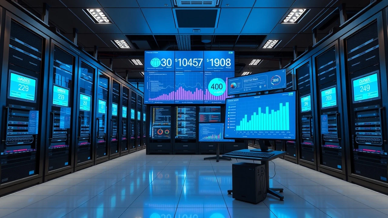 centre de données moderne avec serveurs et affichages analytiques
