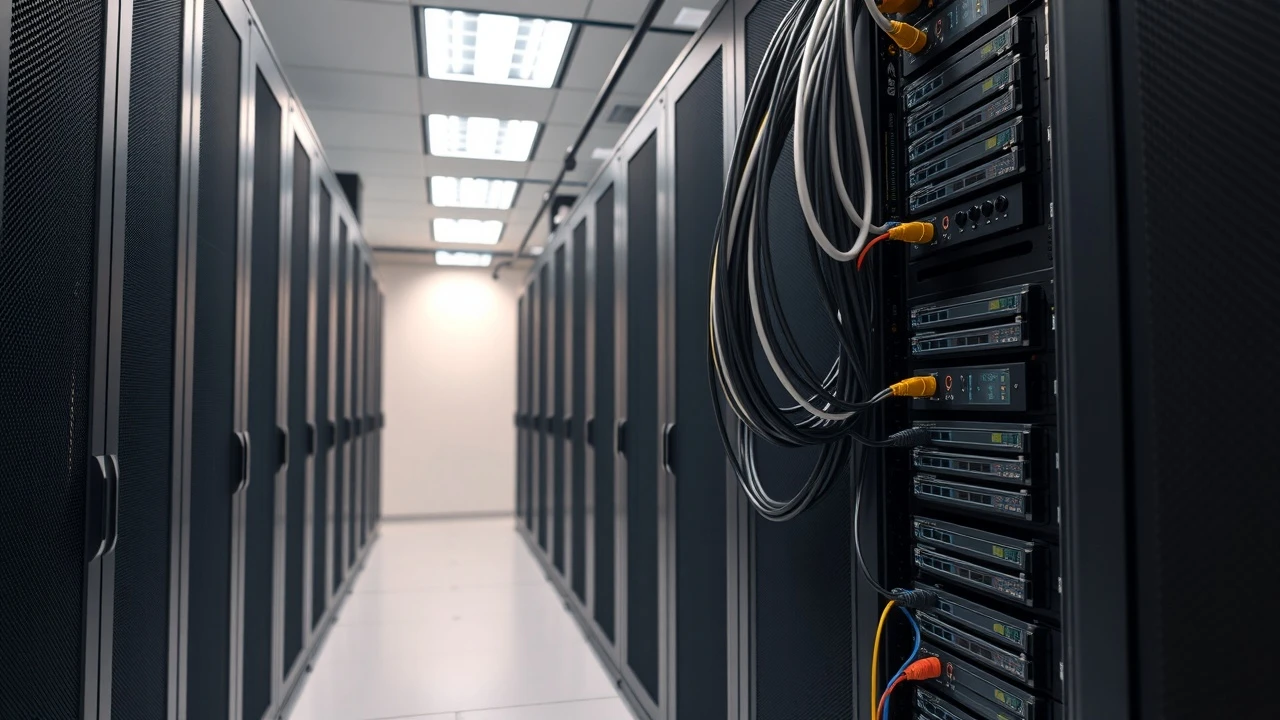 deux racks de serveurs connectes par des cables