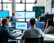 Une équipe professionnelle évaluant les performances d'un hébergement web dans un bureau moderne.