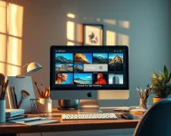 Une scène illustrant un espace de travail créatif avec un ordinateur moderne et un portfolio vibrant.