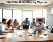Une image illustrant une equipe diversifiee planifiant une migration d'hébergement dans un bureau lumineux.